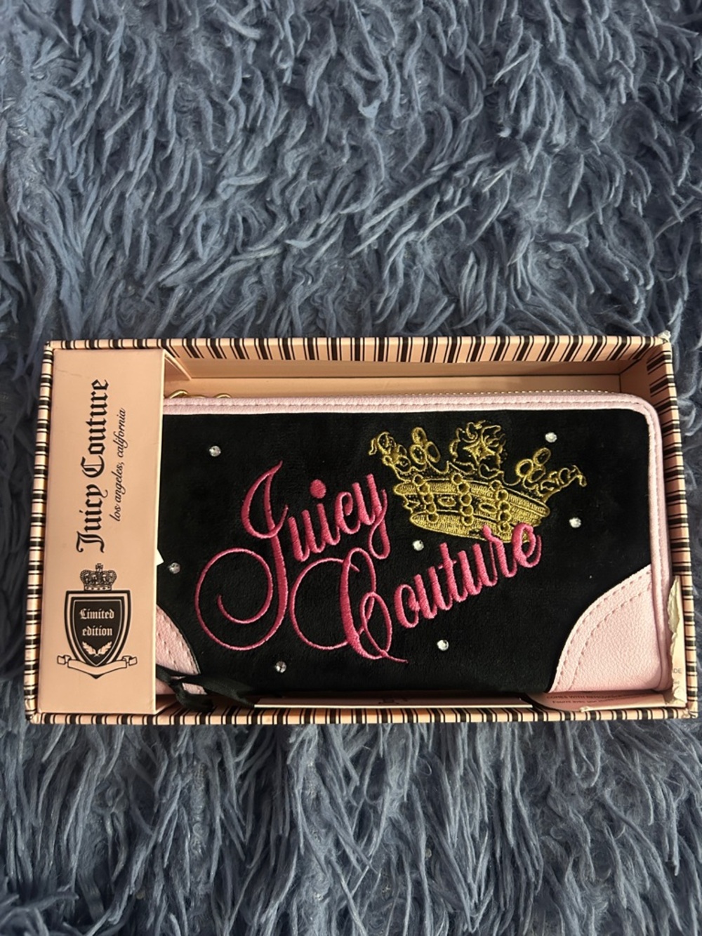 Juicy Couture Black and Pink Velour Logo Zip Wallet with Gold Crown